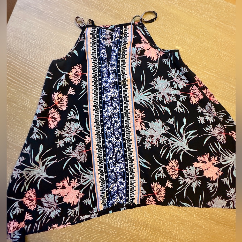 Express Flowy Black Tank Top with Pink and Blue Floral Design XS